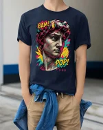 Pop Art David Bust Graphic T-Shirt Retro Streetwear Tee - model wearing navy tee with hands in pockets