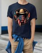 American Cowboy Flag T-Shirt Patriotic Western Graphic - model wearing navy tee with hands in pockets