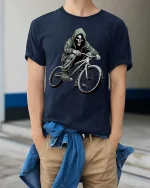 Skull Biker Graphic T-Shirt Dark Street BMX Rider Tee - model wearing navy tee with hands in pockets