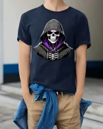 Hooded Skull Graphic T-Shirt Dark Gothic Streetwear Tee - model wearing navy tee with hands in pockets