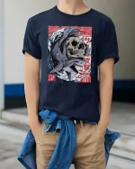 Shark Skull Graphic T-Shirt Japanese Wave Streetwear - model wearing navy tee with hands in pockets