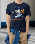 Baseball Pitcher Cartoon T-Shirt Sports Graphic Youth Tee - model wearing navy tee with hands in pockets
