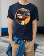 Cool Alligator Sunglasses T-Shirt Funny Reptile Graphic - model wearing navy tee with hands in pockets