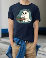 Cute Ghost Tea Time T-Shirt Cozy Halloween Cartoon Tee - model wearing navy tee with hands in pockets