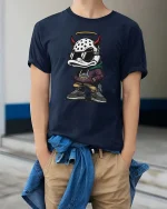 Streetwear Devil Duck Graphic T-Shirt Urban Cartoon Tee - model wearing navy tee with hands in pockets
