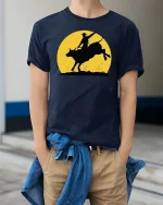 Rodeo Bull Riding Silhouette T-Shirt Western Cowboy Tee - model wearing navy tee with hands in pockets