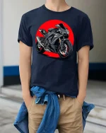 Sport Bike Graphic T-Shirt Racing Motorcycle Streetwear - model wearing navy tee with hands in pockets