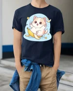 Cute Cat Banana Slip T-Shirt Funny Kawaii Cartoon Tee - model wearing navy tee with hands in pockets