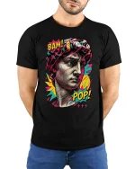 Pop Art David Bust Graphic T-Shirt Retro Streetwear Tee - model wearing black tee with hands behind back