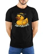 Cool Rubber Duck Graphic T-Shirt Funny Bath Cartoon Tee - model wearing black tee with hands behind back