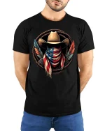 American Cowboy Flag T-Shirt Patriotic Western Graphic - model wearing black tee with hands behind back