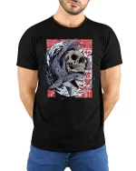Shark Skull Graphic T-Shirt Japanese Wave Streetwear - model wearing black tee with hands behind back