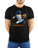 Baseball Pitcher Cartoon T-Shirt Sports Graphic Youth Tee - model wearing black tee with hands behind back