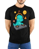 Cute DJ Dinosaur T-Shirt Funny Music Cartoon Party Tee - model wearing black tee with hands behind back