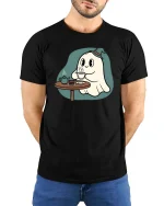 Cute Ghost Tea Time T-Shirt Cozy Halloween Cartoon Tee - model wearing black tee with hands behind back