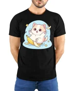 Cute Cat Banana Slip T-Shirt Funny Kawaii Cartoon Tee - model wearing black tee with hands behind back