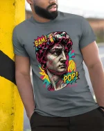 Pop Art David Bust Graphic T-Shirt Retro Streetwear Tee - model wearing grey tee, leaning on column