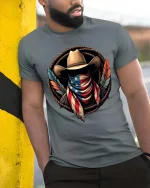 American Cowboy Flag T-Shirt Patriotic Western Graphic - model wearing grey tee, leaning on column