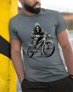 Skull Biker Graphic T-Shirt Dark Street BMX Rider Tee - model wearing grey tee, leaning on column