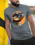 Cool Alligator Sunglasses T-Shirt Funny Reptile Graphic - model wearing grey tee, leaning on column