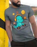 Cute DJ Dinosaur T-Shirt Funny Music Cartoon Party Tee - model wearing grey tee, leaning on column