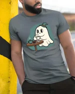 Cute Ghost Tea Time T-Shirt Cozy Halloween Cartoon Tee - model wearing grey tee, leaning on column