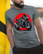 Sport Bike Graphic T-Shirt Racing Motorcycle Streetwear - model wearing grey tee, leaning on column
