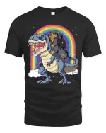 Dachshund Riding Dinosaur Rainbow Graphic T-Shirt Funny Tee - black t-shirt on white background