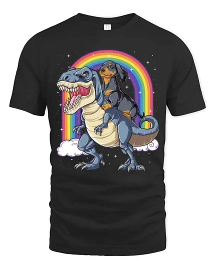 Dachshund Riding Dinosaur Rainbow Graphic T-Shirt Funny Tee - black t-shirt on white background