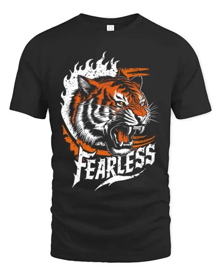 Fearless Tiger Graphic T-Shirt Bold Wild Animal Power Tee - black t-shirt on white background