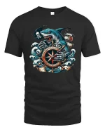 Pirate Shark Compass Graphic T-Shirt Ocean Skull Adventure - black t-shirt on white background