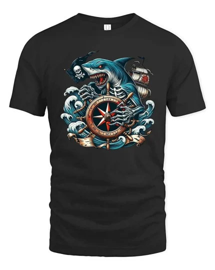 Pirate Shark Compass Graphic T-Shirt Ocean Skull Adventure - black t-shirt on white background