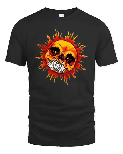 Flaming Skull Sun Graphic T-Shirt Dark Gothic Fire Art Tee - black t-shirt on white background