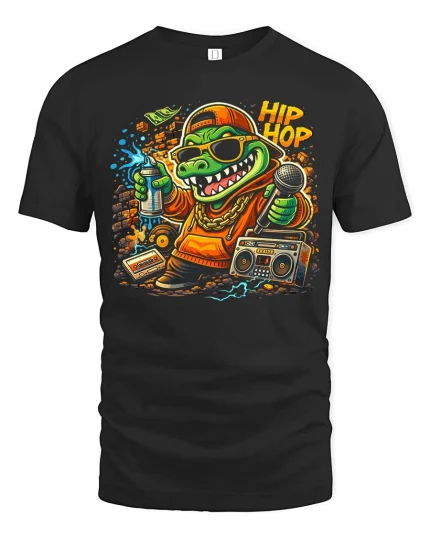 Hip Hop Crocodile Graphic T-Shirt Funny Rap Streetwear Tee - black t-shirt on white background
