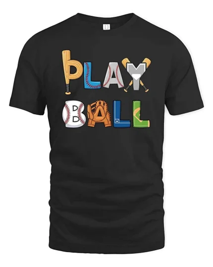 Play Ball Baseball Graphic T-Shirt Funny Sports Fan Tee - black t-shirt on white background