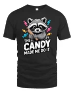 The Candy Made Me Do It Raccoon Funny Graphic T-Shirt - black t-shirt on white background