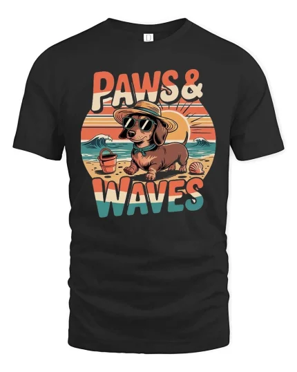 Paws And Waves Dog Beach Graphic T-Shirt Cute Summer Tee - black t-shirt on white background
