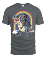 Dachshund Riding Dinosaur Rainbow Graphic T-Shirt Funny Tee - gray t-shirt on white background