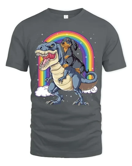 Dachshund Riding Dinosaur Rainbow Graphic T-Shirt Funny Tee - gray t-shirt on white background