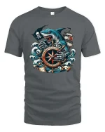 Pirate Shark Compass Graphic T-Shirt Ocean Skull Adventure - gray t-shirt on white background