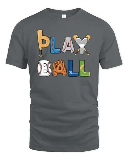 Play Ball Baseball Graphic T-Shirt Funny Sports Fan Tee - gray t-shirt on white background