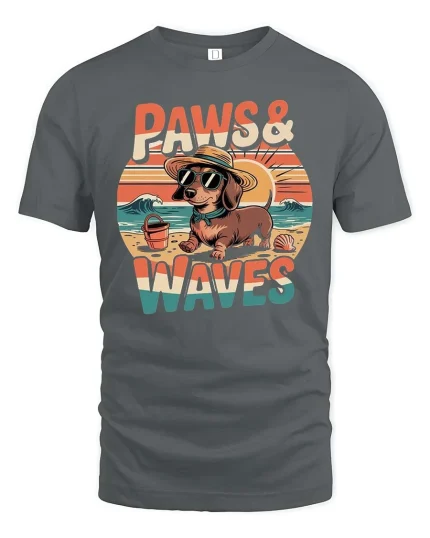 Paws And Waves Dog Beach Graphic T-Shirt Cute Summer Tee - gray t-shirt on white background