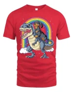 Dachshund Riding Dinosaur Rainbow Graphic T-Shirt Funny Tee - red t-shirt on white background