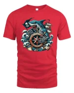 Pirate Shark Compass Graphic T-Shirt Ocean Skull Adventure - red t-shirt on white background