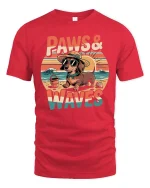 Paws And Waves Dog Beach Graphic T-Shirt Cute Summer Tee - red t-shirt on white background