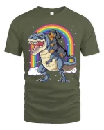Dachshund Riding Dinosaur Rainbow Graphic T-Shirt Funny Tee - military green t-shirt on white background