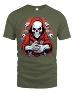 Grim Reaper Skull Graphic T-Shirt Dark Gothic Horror Tee - military green t-shirt on white background