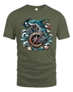 Pirate Shark Compass Graphic T-Shirt Ocean Skull Adventure - military green t-shirt on white background