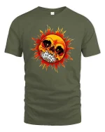 Flaming Skull Sun Graphic T-Shirt Dark Gothic Fire Art Tee - military green t-shirt on white background