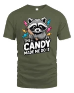 The Candy Made Me Do It Raccoon Funny Graphic T-Shirt - military green t-shirt on white background